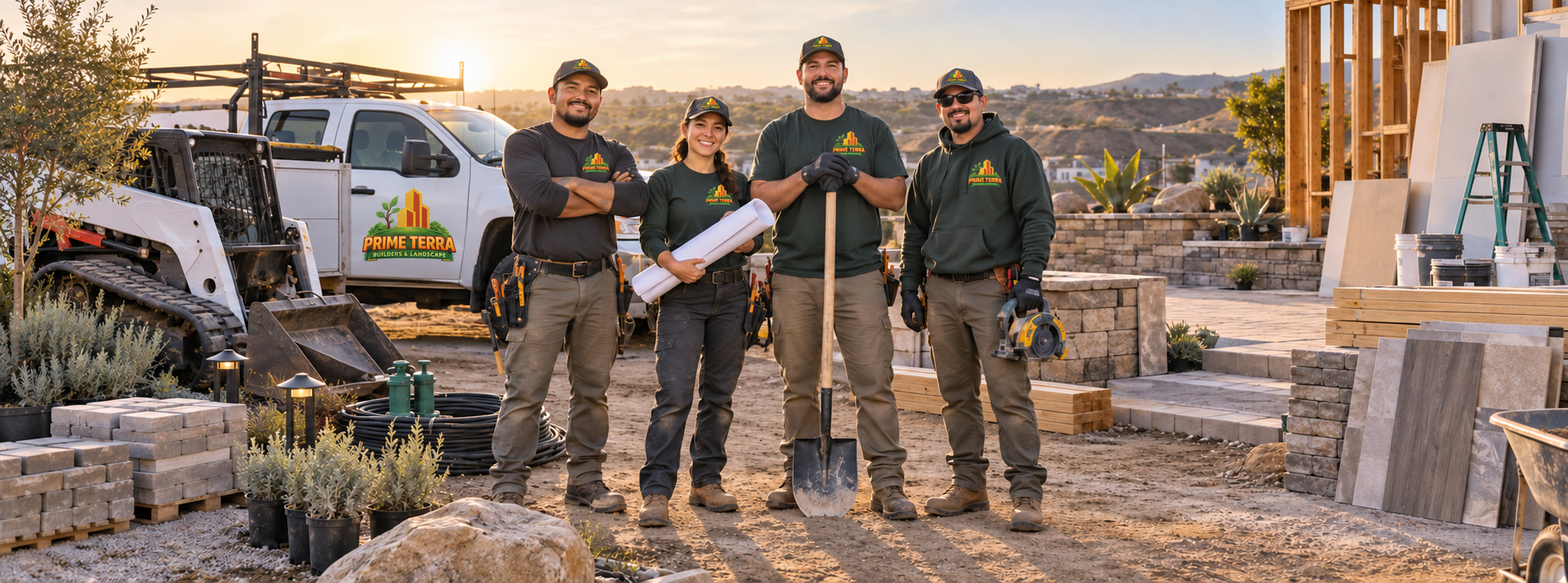 Prime Terra branded crew with truck at a construction and landscape jobsite